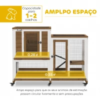 PawHut Coelheira de Madeira Interior Gaiola para Coelhos de 2 Níveis com Rodas 2 Rampas 3 Bandejas Amovíveis 110x50x86 cm Marrom(m-4)