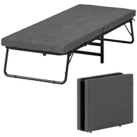 HOMCOM Pat Pliant cu Saltea, Spătar Reglabil pe 5 Nivele, 4 Roți și Cadru din Metal cu Bare, 180x70x38 cm, Gri(m-1)