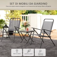 Outsunny Set da Giardino con Tavolo con Piano in Vetro e 2 Sedie Pieghevoli con Schienale Regolabile, Grigio(m-4)