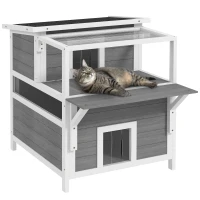 PawHut Casa para Gatos de Madeira 64x87x76 cm de 2 Níveis com Teto Asfáltico Janela e Porta com Cortina 64x87x76 cm Cinza Claro(m-1)