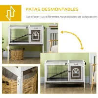 PawHut Conejera de Madera con Zona Abierta Techo Abatible Puertas Bandeja Extraíble y Rampa 90x53x87 cm Marrón y Blanco(m-7)