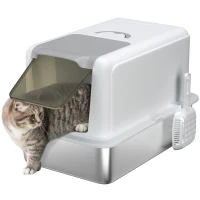 PawHut Stainless Steel Cat Litter Box with Removable Lid, Scoop, Filter Bags, for Larger Cats, White(m-1)