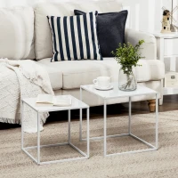 HOMCOM Square Nesting Coffee Table Set of 2, Modern Nest of Tables, Sofa Side Tables with Steel Frame for Living Room, Bedroom, Small Space, White(m-10)