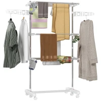HOMCOM 3-Tier Clothes Airer, Stainless Steel Foldable Clothes Drying Rack with Wheels and Wings, Indoor and Outdoor, Easy Assembly, 142 x 55 x 152cm, White(m-1)