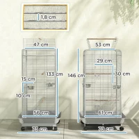 PawHut Gaiola para Pássaros Gaiola para Papagaios com Rodas Poleiros Comedouro e Bandeja Amovível 79x73x146 cm Cinza Claro(m-3)