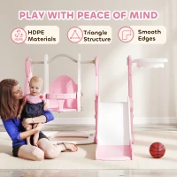 AIYAPLAY 4 in 1 Kids Slide and Swing Set with Climber, Basketball Hoop, Rabbit-Themed, Pink(m-7)
