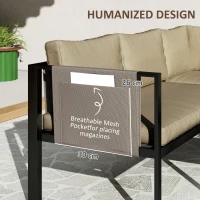 Outsunny 5 Seater Garden Corner Sofa Set, 4 Pieces Metal Garden Furniture Set with Loveseats, Glass Top Coffee Table, Breathable Mesh Pocket, Outdoor Conversation Furniture with Cushions, Khaki(m-4)