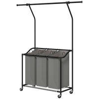 HOMCOM 3x 42L Laundry Basket Unit, with Hanging Rail - Black/Grey(m-11)