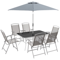 Outsunny Eight-Piece Garden Dining Set, with Chairs, Table and Parasol - Grey