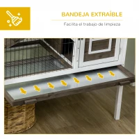 PawHut Conejera de Madera con Zona Abierta Techo Abatible Puertas Bandeja Extraíble y Rampa 90x53x87 cm Marrón y Blanco(m-6)