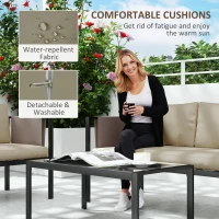 Outsunny 4 Piece Metal Garden Furniture Set with Tempered Glass Coffee Table, Texteline Pocket, Outdoor Set Loveseat Single Armchairs with Padded Cushions, Khaki(m-6)