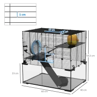 PawHut Gaiola para Hamster com Fundo de Vidro Plataformas Comedouro Bebedouro Casa Rampas e Roda de Exercício 60x40x54,5 cm Preto(m-3)