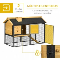 PawHut Conejera de Madera de 2 Niveles con Zona Abierta Techo Asfáltico y Bandeja Extraíble 120x55,5x80 cm Natural y Negro(m-5)