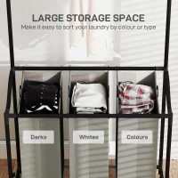 HOMCOM 3x 42L Laundry Basket Unit, with Hanging Rail - Black/Grey(m-5)