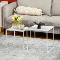 HOMCOM Square Nesting Coffee Table Set of 2, Modern Nest of Tables, Sofa Side Tables with Steel Frame for Living Room, Bedroom, Small Space, White(m-2)