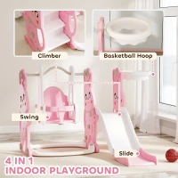 AIYAPLAY 4 in 1 Kids Slide and Swing Set with Climber, Basketball Hoop, Rabbit-Themed, Pink(m-4)