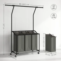HOMCOM 3x 42L Laundry Basket Unit, with Hanging Rail - Black/Grey(m-3)