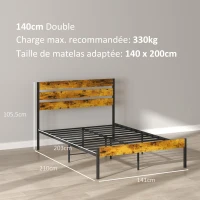 HOMCOM Cadre de lit double en acier avec sommier et tête de lit compatible matelas 140 x 200 cm, style industriel(m-3)