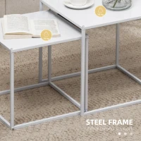 HOMCOM Square Nesting Coffee Table Set of 2, Modern Nest of Tables, Sofa Side Tables with Steel Frame for Living Room, Bedroom, Small Space, White(m-6)