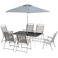 Outsunny Eight-Piece Garden Dining Set, with Chairs, Table and Parasol - Grey(m-11)