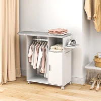 HOMCOM Mueble de Planchar con Ruedas Barra para Colgar Ropa Estante Abierto y Tablero Plegable 127x42,5x99 cm Blanco(m-2)