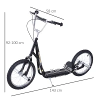 HOMCOM Trotinete para Crianças acima de 5 anos Scooter de 2 Rodas Grandes Insufláveis de 16 Polegadas com Freios e Guidão Ajustável em Altura 143x58x92-100cm Preto(m-3)