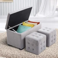 HOMCOM Panca Portaoggetti Set di 3 Pezzi con 2 Sgabelli Pouf in Velluto, Grigio Perla(m-2)