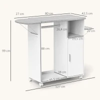 HOMCOM Móvel de Engomar de Madeira com Rodas Barra para Pendurar Roupa Prateleira Aberta e Tábua Dobrável 107x42,5x99 cm Branco(m-3)