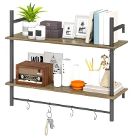 HOMCOM Wall Mounted Floating Shelves with 4 Hooks, Rustic Wall Shelf Unit for Living Room, Entryway, Grey(m-11)