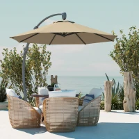 Outsunny 3(m) Garden Cantilever Parasol, Round Overhanging Umbrella with Crank Handle, Cross Base, Aluminium Frame and 360° Rotation, Banana Patio Umbrella for Outdoor Sun Shade, Khaki(m-7)