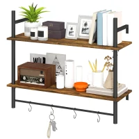 HOMCOM Wall Mounted Floating Shelves with 4 Hooks, Rustic Wall Shelf Unit for Living Room, Entryway, Rustic Brown(m-11)