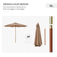 Outsunny Ombrellone da Giardino 3 m con Palo in Legno, 8 Stecche e Parasole in Poliestere, Cachi(m-7)