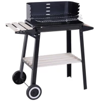 Outsunny Barbacoa de Carbón Vegetal BBQ con Altura de Parrilla Ajustable Estantes y Ruedas para Exterior 83x46x87 cm Negro(m-1)