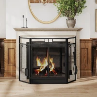 HOMCOM 3 Panel Folding Fireplace Screen with 4 Tools Set, Steel Mesh Spark Guard with Double Door for Open Fire, Log Burner, 122W x 80H cm, Black(m-10)