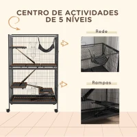 PawHut Gaiola para Roedores 80x52x128 cm Casa de 4 Alturas com Rampas Suspensa Rede Bandeja Removível Rodas Cinza Escuro(m-6)