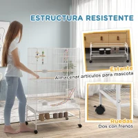 PawHut Jaula para Pájaros con Ruedas Bandeja Extraíble Puertas Comederos Perchas y Estante Inferior 79x49x133 cm Blanco(m-7)