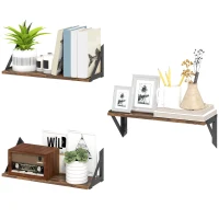 HOMCOM Set of 3 Wall Shelves, 43cm Vintage Wall Mounted Floating Shelves for Living Room, Entryway, Bedroom, Rustic Brown(m-11)