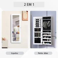 HOMCOM Espelho com Móvel de Bijuterias de Parede Espelho de Parede Organizador de Jóias com Ganchos e Ranhuras para Dormitórios 37x9,5x112cm Branco(m-6)