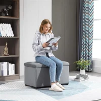 HOMCOM Panca Portaoggetti Set di 3 Pezzi con 2 Sgabelli Pouf in Velluto, Grigio Perla(m-9)
