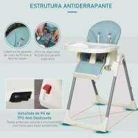 HOMCOM Cadeira de refeição ajustável e dobrável para bebê acima de 6 meses com bandeja dupla 2 rodas e freios 55x80x104 cm Azul(m-4)