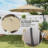 Outsunny 3(m) Garden Cantilever Parasol, Round Overhanging Umbrella with Crank Handle, Cross Base, Aluminium Frame and 360° Rotation, Banana Patio Umbrella for Outdoor Sun Shade, Khaki(m-4)