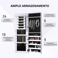HOMCOM Espelho com Móvel de Bijuterias de Parede Espelho de Parede Organizador de Jóias com Ganchos e Ranhuras para Dormitórios 37x9,5x112cm Branco(m-4)