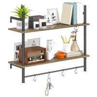 HOMCOM Wall Mounted Floating Shelves with 4 Hooks, Rustic Wall Shelf Unit for Living Room, Entryway, Grey(m-1)