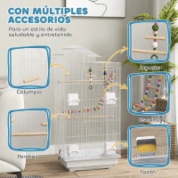 PawHut Pajarera con Múltiples Puertas 4 Comederos 3 Perchas Columpio Escaleras y Bandeja Extraíble 46x36x100 cm Blanco(m-4)