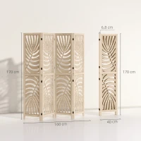 HOMCOM Paravent interieur en bois 4 panneaux 160 x 170 cm, pliable et portable, motif de feuille, design amovible, bois naturel(m-3)