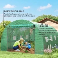 Outsunny Serre tunnel de jardin 3 x 4 x 2 m avec porte enroulable et grandes fenêtres, en acier galvanisé et PE, vert(m-6)