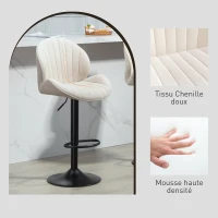 HOMCOM Lot de 2 tabourets de bar forme de coquillage, dossier, hauteur réglable et repose-pieds, cadre en acier, beige(m-7)