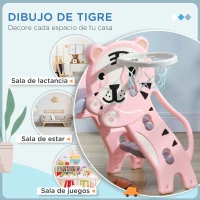 AIYAPLAY Tobogán para Niños de 18 a 36 Meses con 2 Escaleras 1 Canasta de Baloncesto y Patrón de Tigre 133x60x70 cm Rosa y Gris(m-5)