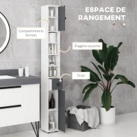 kleankin Colonne de rangement armoire haute pour salle de bain 1 tiroir 4 étagères réglables et 2 placards 20 x 20 x 180 cm gris(m-4)