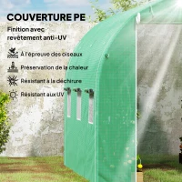 Outsunny Serre tunnel de jardin 6 m² 3 x 2 m avec 1 porte + 2 parois latérales zippées enroulables, 6 fenêtres, vert(m-4)